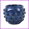 vaso in ceramica blu tondo interno esterno decorato porta fiori vasetto smaltato